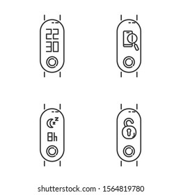 Fitness tracker with digital clock linear icons set. Wellness device with lost smartphone finder, remote unlocker function. Thin line symbols. Isolated vector outline illustrations. Editable stroke