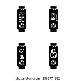 Fitness tracker with digital clock and sleep time control glyph icons set. Wellness device with lost smartphone finder. Remote unlocker function. Silhouette symbols. Vector isolated illustration