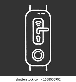 Fitness tracker with digital door lock function chalk icon. Wearable device with innovative smart home control option. Door handle with wifi sign pictogram. Isolated vector chalkboard illustration