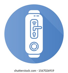 Fitness tracker with digital door lock function blue flat design long shadow glyph icon. Wearable device with innovative smart home control. Door handle with wifi sign. Vector silhouette illustration