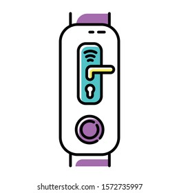 Fitness tracker with digital door lock function color icon. Wearable device with innovative smart home control option. Door handle with wifi sign pictogram. Isolated vector illustration
