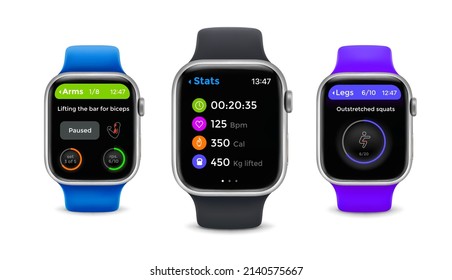 Fitness tracker display screen interface, smart watch technology. Vector devices on blue, black and purple silicone bracelets. Smartwatch modern electronic gadgets for monitoring health parameters svg
