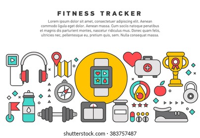 Fitness tracker doodle design concept set with healthy lifestyle regular physical training and activity monitoring icons, sports gadgets, fitness training program vector illustration