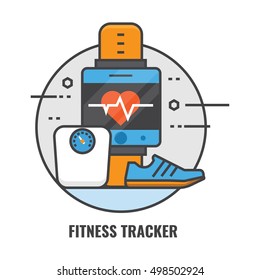 Fitness Tracker flat color line vector icon illustration with many object including weigher, shoe, smartwatch. To be use in app, website, blog, poster, event, or as a graphic element. 
