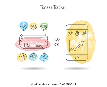 Fitness tracker with function pedometer, alarm,  heart rate monitor. Sync your fitness bracelet with your smart phone. Outline, lineal icon style.