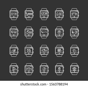Fitness tracker functions chalk icon. Wristband smartwatch capabilities and wellness services. Health applications, sleep monitoring, tracking heart rate. Isolated vector chalkboard illustration