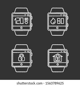 Fitness tracker functions chalk icons set. Wristband smartwatch capabilities and wellness services. Pulse and heartbeat, water balance, lock, unlock. Isolated vector chalkboard illustrations