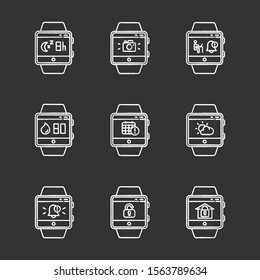 Fitness tracker functions chalk icons set. Wristband smartwatch capabilities. Scheduling events, sleep timer, weather forecast, notifications. Isolated vector chalkboard illustrations