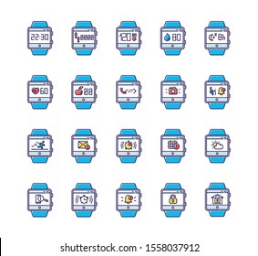 Fitness tracker functions color icons set. Wristband smartwatch capabilities and wellness services. Running health applications, sleep monitoring, tracking heart rate. Isolated vector illustrations