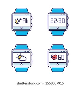 Fitness tracker functions color icons set. Wristband smartwatch capabilities and wellness services. Tracking heart rate, sleep monitoring, clock, weather forecast. Isolated vector illustrations