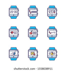 Fitness tracker functions color icons set. Wristband smartwatch capabilities and wellness services. Running health applications, tracking steps, heart rate. Isolated vector illustrations