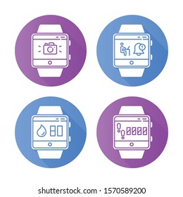 Fitness tracker functions flat design long shadow glyph icons set. Smartwatch wellness services. Water balance and step tracking, notifications, camera. Vector silhouette illustration