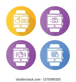 Fitness tracker functions flat design long shadow glyph icons set. Smartwatch wellness services. Calories counter, scheduling events, calendar, stopwatch,camera. Vector silhouette illustration