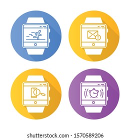Fitness tracker functions flat design long shadow glyph icons set. Smartwatch wellness services. Running appl, alarm watch, mail, messages, find phone . Vector silhouette illustration