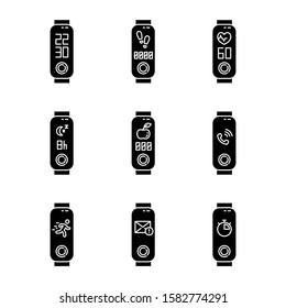 Fitness tracker functions glyph icons set. Active lifestyle accessory for health monitoring. Wellness device with mail notification, step counter. Silhouette symbols. Vector isolated illustration