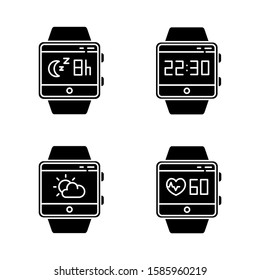 Fitness tracker functions glyph icons set. Smartwatch wellness services.Tracking heart rate, sleep monitoring, clock, weather forecast.Silhouette symbols. Vector isolated illustration