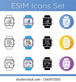 Fitness tracker functions icons set. Linear, black and color styles. Running application, messages and notifications and sleep monitoring smartwatch capabilities. Isolated vector illustrations