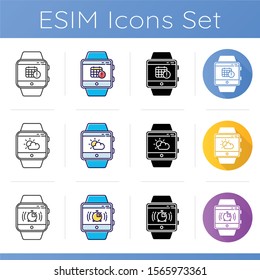 Fitness tracker functions icons set. Scheduling events, planer, weather forecast and stopwatch. Smartwatch capabilities. Linear, black and color styles. Isolated vector illustrations