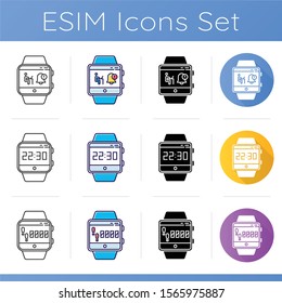 Fitness tracker functions icons set. Synchronization with computer, current time clock and steps tracking smartwatch capabilities. Linear, black and color styles. Isolated vector illustrations