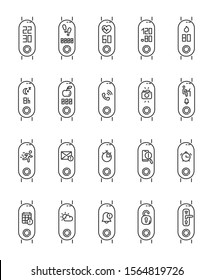 Fitness tracker functions linear icons set. Wellness device reminders. Fitness app and smartphone notifications. Thin line contour symbols. Isolated vector outline illustrations. Editable stroke