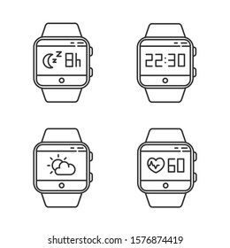 Fitness tracker functions linear icons set. Smartwatch wellness services. Tracking heart rate, sleep monitoring. Thin line contour symbols. Isolated vector outline illustrations. Editable stroke