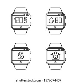 Fitness tracker functions linear icons set. Wristband wellness services. Pulse and heartbeat, water balance, unlock. Thin line contour symbols. Isolated vector outline illustrations. Editable stroke