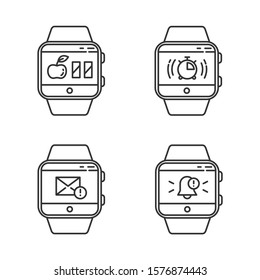 Fitness tracker functions linear icons set. Smartwatch wellness services. Calories counter, stopwatch, messages. Thin line contour symbols. Isolated vector outline illustrations. Editable stroke
