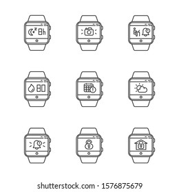 Fitness tracker functions linear icons set. Smartwatch capabilities. Scheduling events, sleep timer, weather forecast. Thin line contour symbols. Isolated vector outline illustrations. Editable stroke