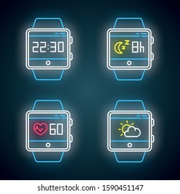 Fitness tracker functions neon light icons set. Wristband smartwatch capabilities. Tracking heart rate, sleep monitoring, clock, weather forecast. Glowing signs. Vector isolated illustrations