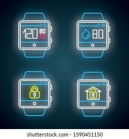 Fitness tracker functions neon light icons set. Wristband smartwatch capabilities and wellness services. Pulse and heartbeat, water balance, lock, unlock. Glowing signs. Vector isolated illustrations