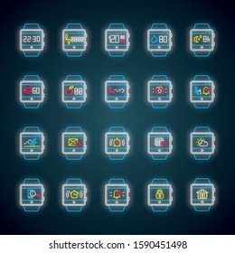 Fitness tracker functions neon light icons set. Wristband smartwatch capabilities and wellness services. Running health applications. Modern device. Glowing signs. Vector isolated illustrations