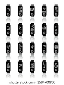 Fitness tracker functions on display drop shadow black glyph icons set. Wellness device health monitoring options. Fitness app smartphone notifications synchronization. Isolated vector illustrations