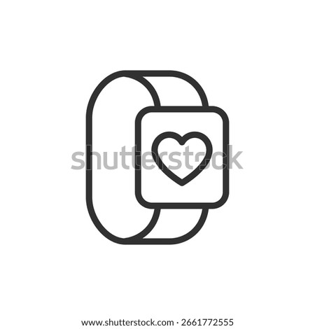 Fitness tracker with heart, linear icon. Smart wearable for heart rate monitoring. Line with editable stroke.
