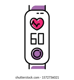 Fitness tracker with heart rate monitoring color icon. Trendy wellness device with heartbeat control function. Fitness app with pulse, cardiac rhythm on display. Isolated vector illustration