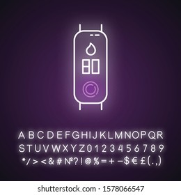 Fitness tracker with humidity control neon light icon. Smartwatch with hygrometer, monitoring environment option. Glowing sign with alphabet, numbers and symbols. Vector isolated illustration