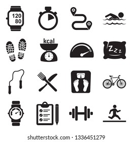 Iconos de seguimiento de fitness. Diseño plano negro. Ilustración vectorial. 