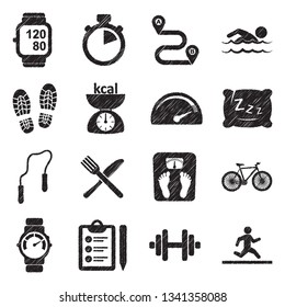 Fitness Tracker Icons. Black Scribble Design. Vector Illustration.