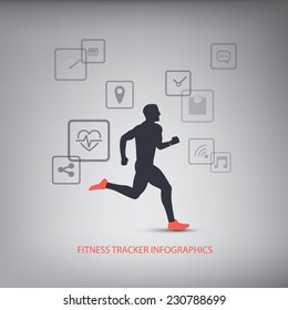 Fitness tracker icons for monitoring health with man running silhouette. Eps10 vector illustration.