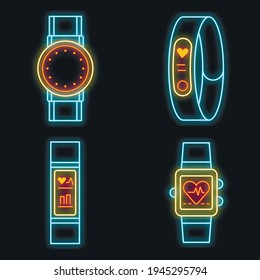Fitness tracker icons set. Outline set of fitness tracker vector icons neon color on black