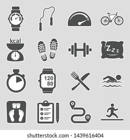 Fitness Tracker Icons. Sticker Design. Vector Illustration.