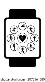 Fitness tracker with the image of modes for different sports.