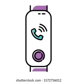 Fitness tracker with incoming call on display color icon. Wellness device with ringing phone symbol. Portable gadget with active phone call notification sign. Isolated vector illustration