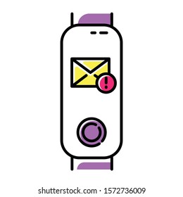 Fitness tracker with incoming mail notification on display color icon. Electronic device with new correspondence reminder. Envelope with exclamation mark symbol. Isolated vector illustration