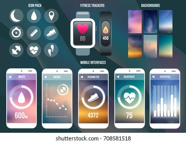 Fitness Tracker Interface Ui Icon, Background, Sport Pedometer, Smart Watch Vector Template.