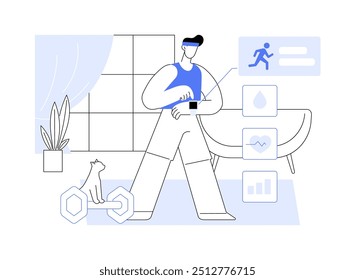 Fitness tracker ilustrações isoladas do vetor de desenhos animados. Homem treinando em casa e olhar para o seu relógio inteligente, indicadores de pulseira fitness, relógio de rastreamento esportivo, estilo de vida saudável vetor cartoon.