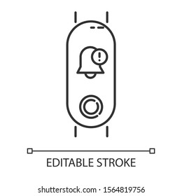 Fitness tracker with notification sign linear icon. Bell symbol with exclamation mark. Healthy lifestyle gadget with reminder. Thin line illustration. Vector isolated outline drawing. Editable stroke