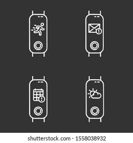 Fitness tracker notifications chalk icons set. Wellness device with weather forecast and active movement control. Gadget with calendar and inbox mail reminder. Isolated vector chalkboard illustrations