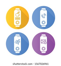 Fitness tracker notifications flat design long shadow glyph icons set. Wellness device with incoming call, active movement control. Gadget with meal time, mail reminder. Vector silhouette illustration