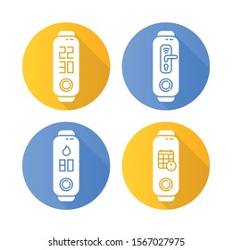 Fitness tracker notifications flat design long shadow glyph icons set. Wellness device with clock and humidity control. Gadget with digital calendar and door pictogram. Vector silhouette illustration
