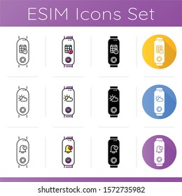 Fitness tracker notifications icons set. Wellness device with weather forecast function. Gadget with digital calendar reminder pictograms. Linear, black and color styles. Isolated vector illustrations
